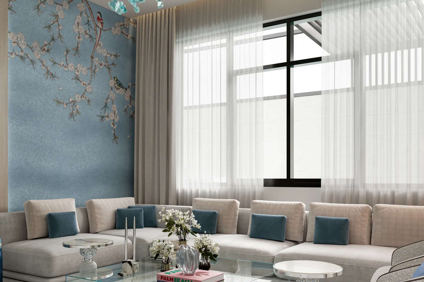 KH Villa women’s majlis with blue chandelier and cream seating